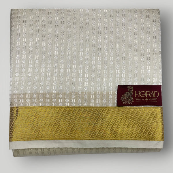 Horad Premium Art Silk Cream Emboss Shirt Material+Dhoti +Angavastram