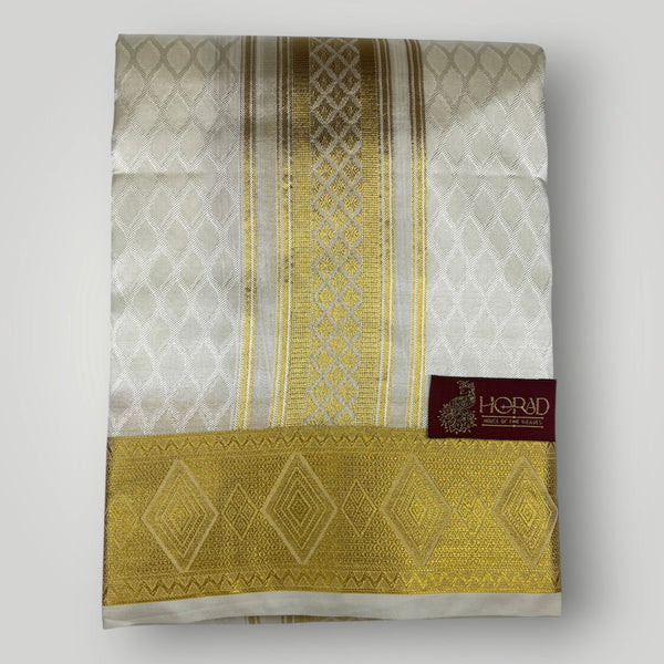 Horad Premium Art Silk Cream Emboss Shirt Material+Dhoti +Angavastram