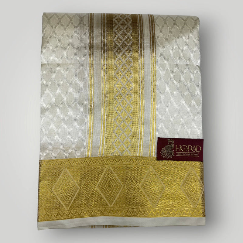 Horad Premium Art Silk Cream Emboss Shirt Material+Dhoti +Angavastram