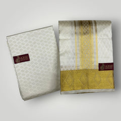 Horad Premium Art Silk Cream Emboss Shirt Material+Dhoti +Angavastram