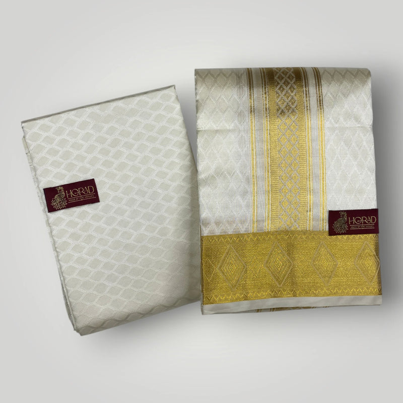 Horad Premium Art Silk Cream Emboss Shirt Material+Dhoti +Angavastram