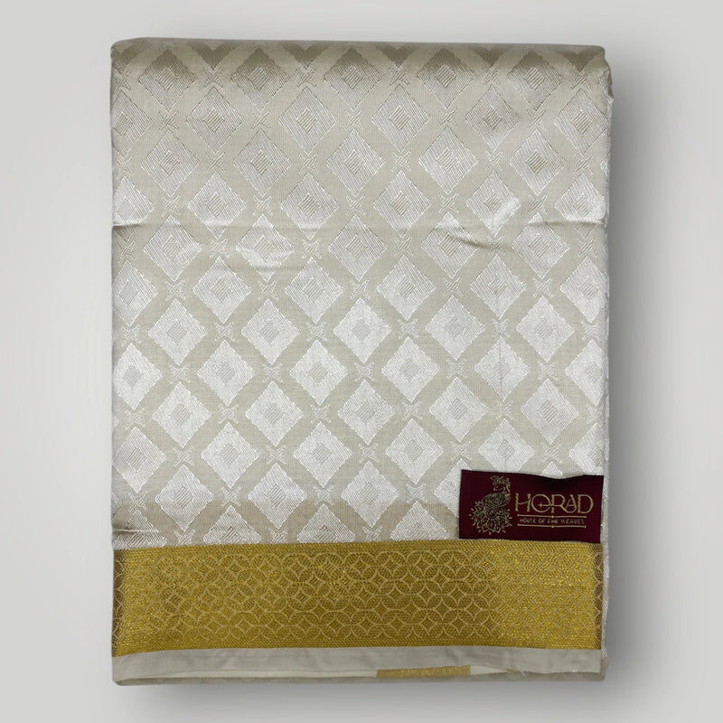 Horad Premium Art Silk Cream Emboss Shirt Material+Dhoti +Angavastram