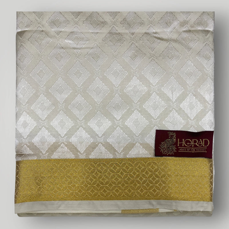 Horad Premium Art Silk Cream Emboss Shirt Material+Dhoti +Angavastram