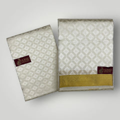 Horad Premium Art Silk Cream Emboss Shirt Material+Dhoti +Angavastram