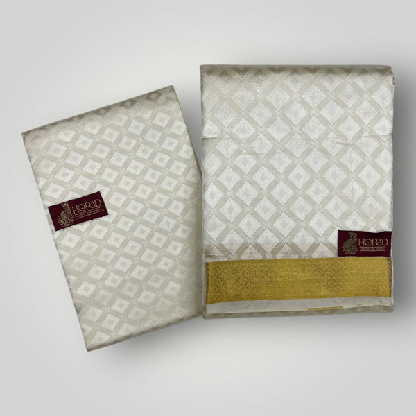 Horad Premium Art Silk Cream Emboss Shirt Material+Dhoti +Angavastram