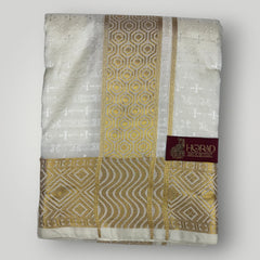 Horad Premium Art Silk Cream Emboss Shirt Material+Dhoti +Angavastram