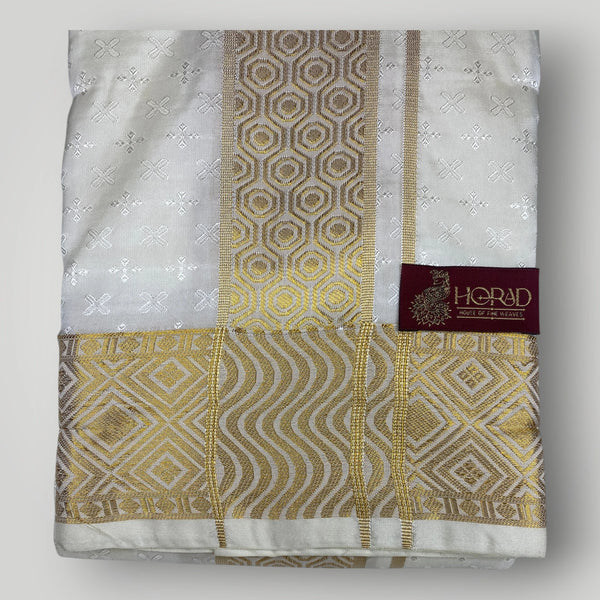 Horad Premium Art Silk Cream Emboss Shirt Material+Dhoti +Angavastram