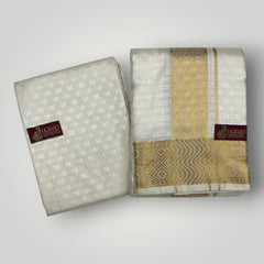 Horad Premium Art Silk Cream Emboss Shirt Material+Dhoti +Angavastram