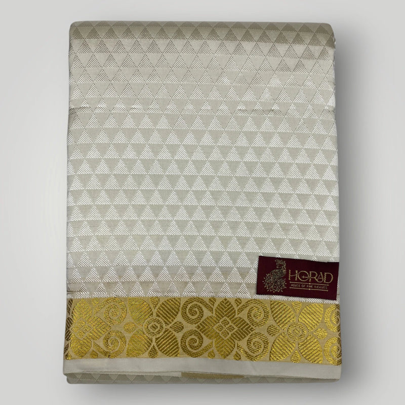 Horad Premium Art Silk Cream Emboss Shirt Material+Dhoti +Angavastram