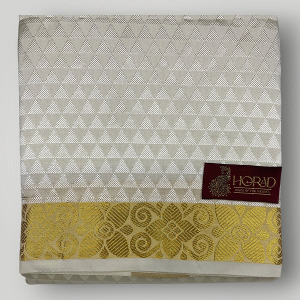 Horad Premium Art Silk Cream Emboss Shirt Material+Dhoti +Angavastram