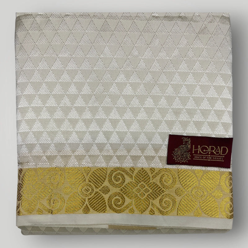 Horad Premium Art Silk Cream Emboss Shirt Material+Dhoti +Angavastram