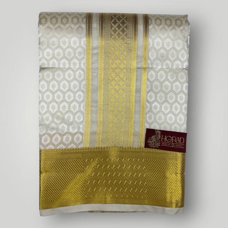 Horad Premium Art Silk Cream Emboss Shirt Material+Dhoti +Angavastram