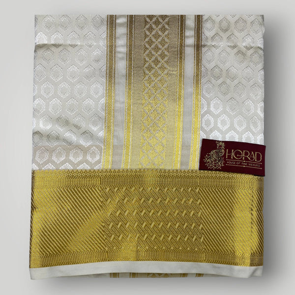 Horad Premium Art Silk Cream Emboss Shirt Material+Dhoti +Angavastram