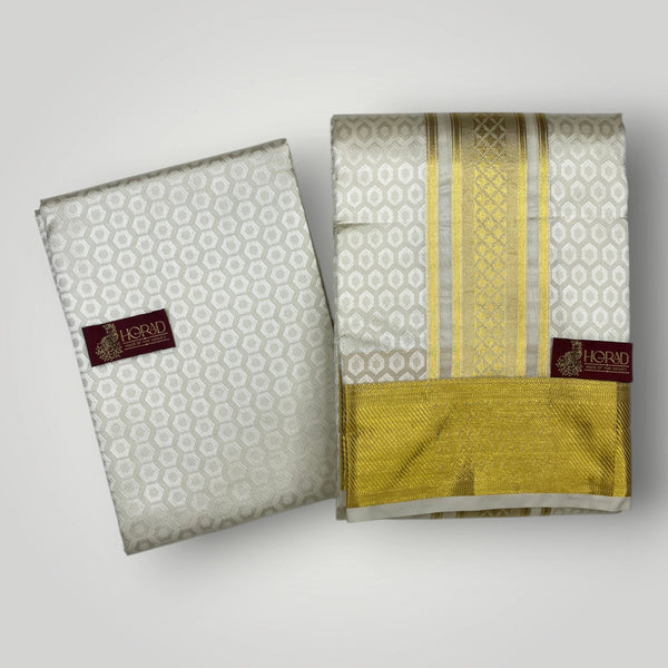 Horad Premium Art Silk Cream Emboss Shirt Material+Dhoti +Angavastram