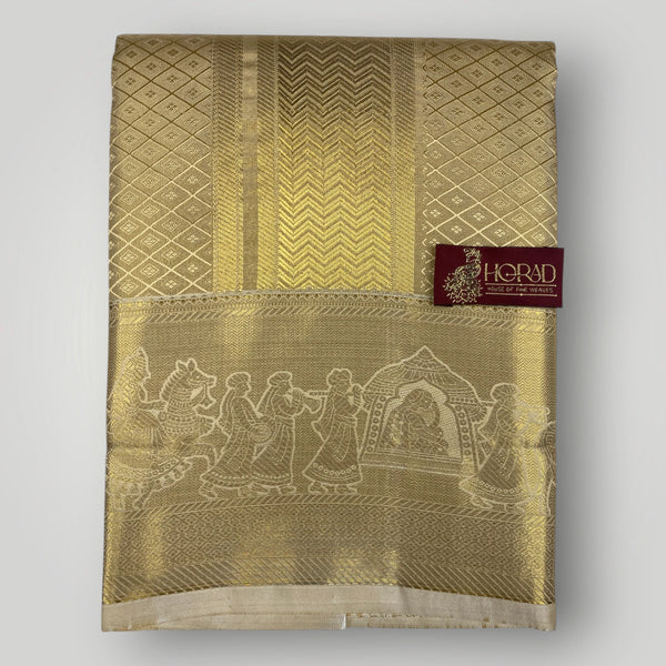 Horad Premium Art Silk Tissue Gold Emboss Shirt Material + Dhoti + Angavastram