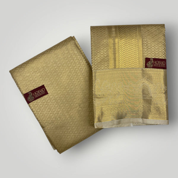 Horad Premium Art Silk Tissue Gold Emboss Shirt Material + Dhoti + Angavastram