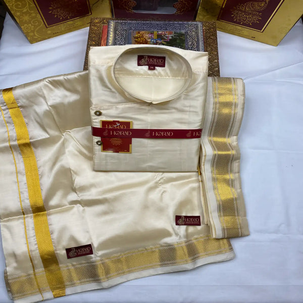 Horad Pure Silk Blend Gold Tissue Designer Short  Kurta + Dhoti + Angavastram