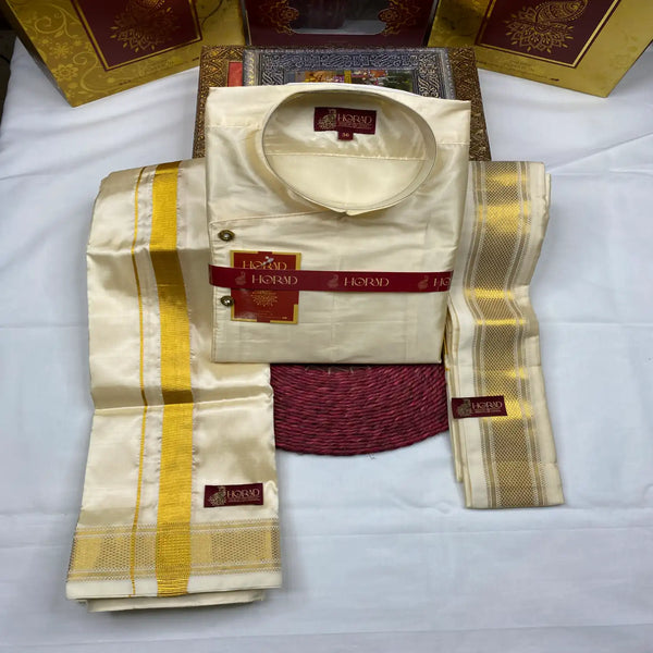 Horad Pure Silk Blend Gold Tissue Designer Short  Kurta + Dhoti + Angavastram