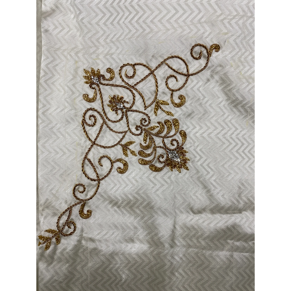 Horad Pure Silk Blend Cream Wedding Set Aari Work Fullsleeve shirt + Dhoti + Angavastram