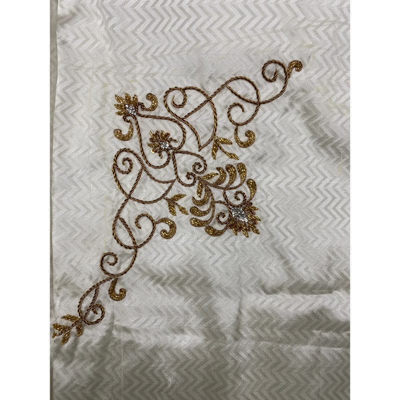 Horad Pure Silk Blend Cream Wedding Set Aari Work Fullsleeve shirt + Dhoti + Angavastram