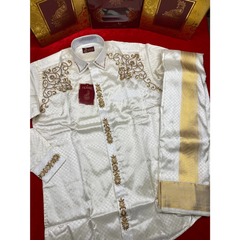 Horad Pure Silk Blend Cream Wedding Set Aari Work Fullsleeve shirt + Dhoti + Angavastram