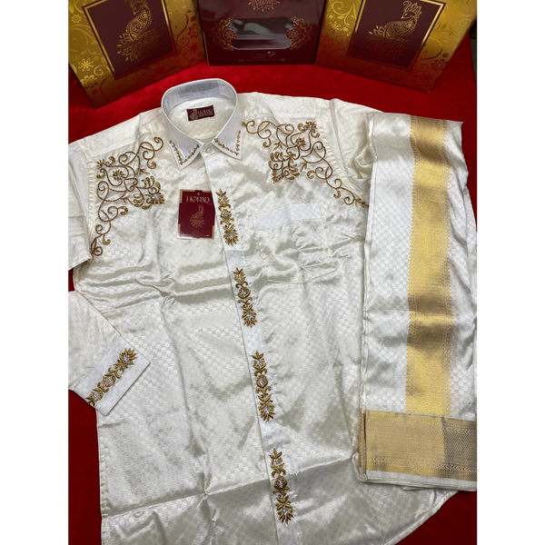 Horad Pure Silk Blend Cream Wedding Set Aari Work Fullsleeve shirt + Dhoti + Angavastram