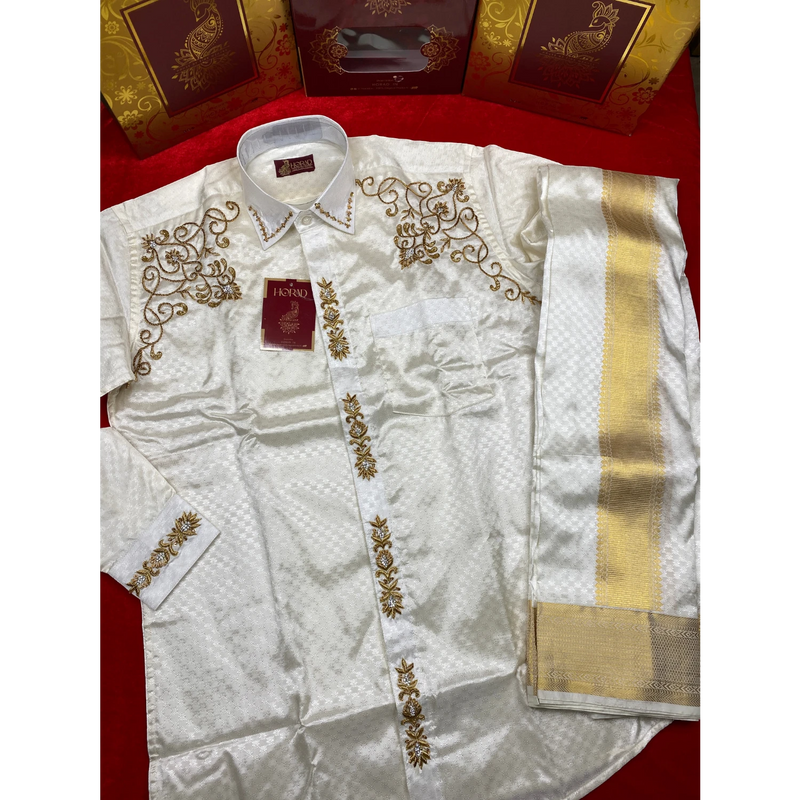 Horad Pure Silk Blend Cream Wedding Set Aari Work Fullsleeve shirt + Dhoti + Angavastram