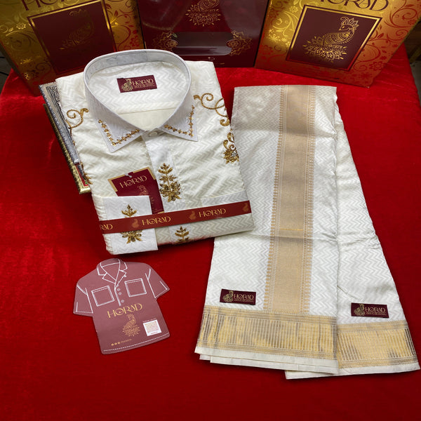 Horad Pure Silk Blend Cream Wedding Set Aari Work Fullsleeve shirt + Dhoti + Angavastram