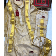 Horad Pure Silk Gold Tissue Wedding Set Aari Work Long Kurta + Kache panche  + Angavastram