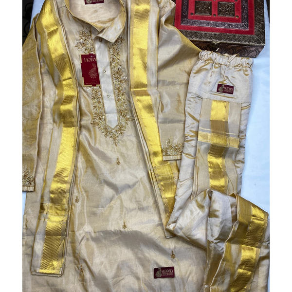 Horad Pure Silk Gold Tissue Wedding Set Aari Work Long Kurta + Kache panche  + Angavastram