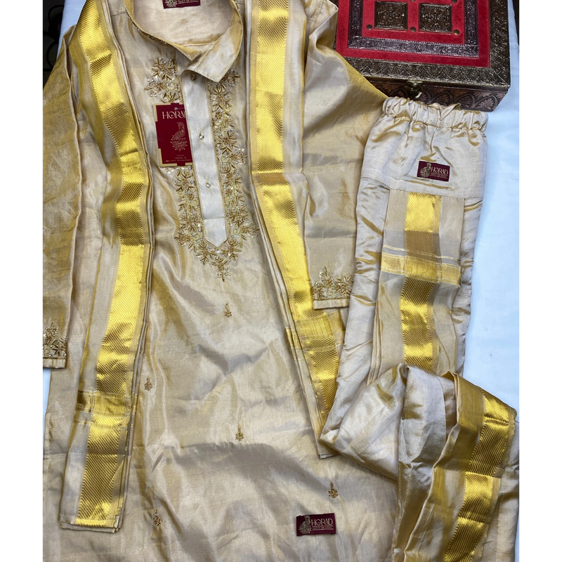 Horad Pure Silk Gold Tissue Wedding Set Aari Work Long Kurta + Kache panche  + Angavastram