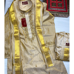 Horad Pure Silk Gold Tissue Wedding Set Aari Work Long Kurta + Kache panche  + Angavastram