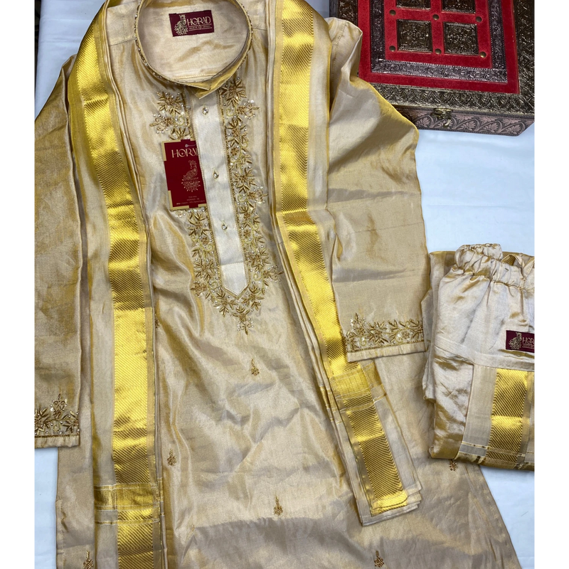 Horad Pure Silk Gold Tissue Wedding Set Aari Work Long Kurta + Kache panche  + Angavastram