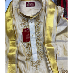 Horad Pure Silk Gold Tissue Wedding Set Aari Work Long Kurta + Kache panche  + Angavastram