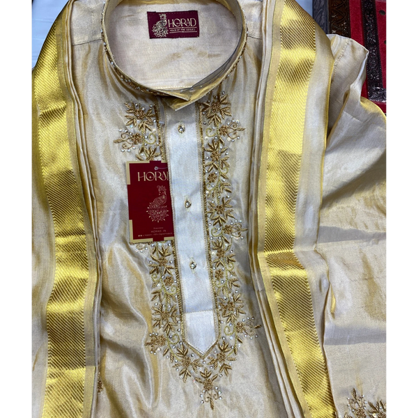Horad Pure Silk Gold Tissue Wedding Set Aari Work Long Kurta + Kache panche  + Angavastram