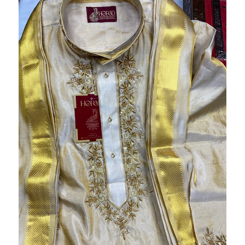Horad Pure Silk Gold Tissue Wedding Set Aari Work Long Kurta + Kache panche  + Angavastram