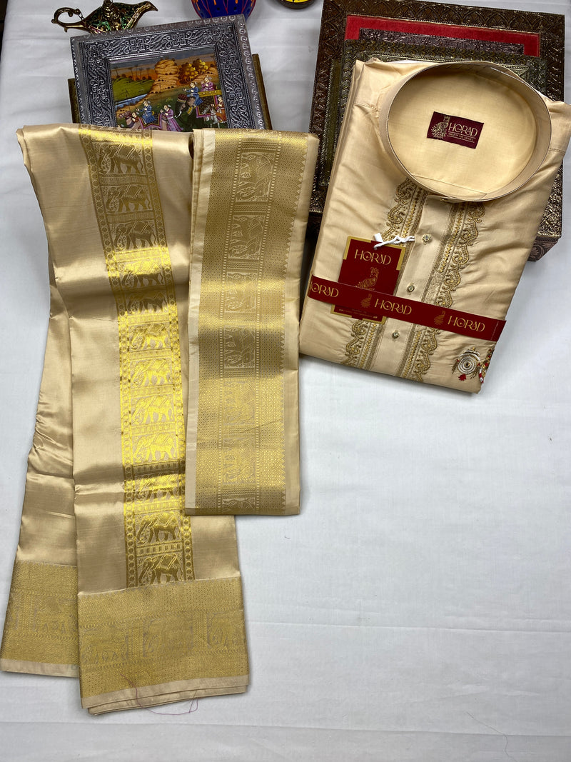 Horad Premium Art Silk Gold Elephant Border Embroidery Short Kurta + Dhoti + Angavastram