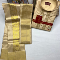 Horad Premium Art Silk Gold Elephant Border Embroidery Short Kurta + Dhoti + Angavastram