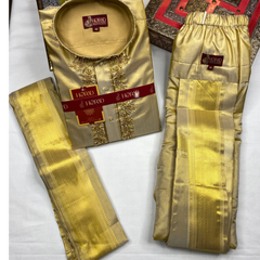 Horad Premium Art Silk Tissue Gold Emboss Long Kurta + Kache Panche + Angavastram