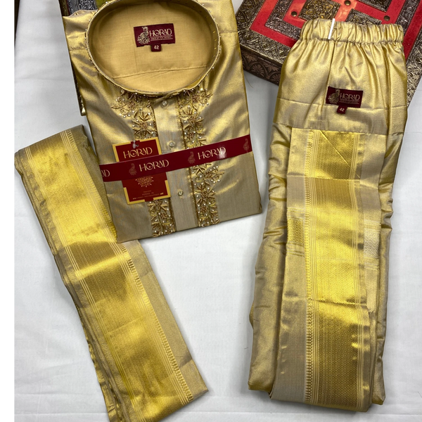 Horad Premium Art Silk Tissue Gold Emboss Long Kurta + Kache Panche + Angavastram
