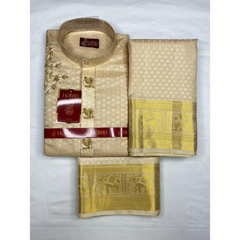 Horad Pure Silk Gold Emboss Elephant Border Wedding Set Aari Work Short Kurta + Dhoti + Angavastram
