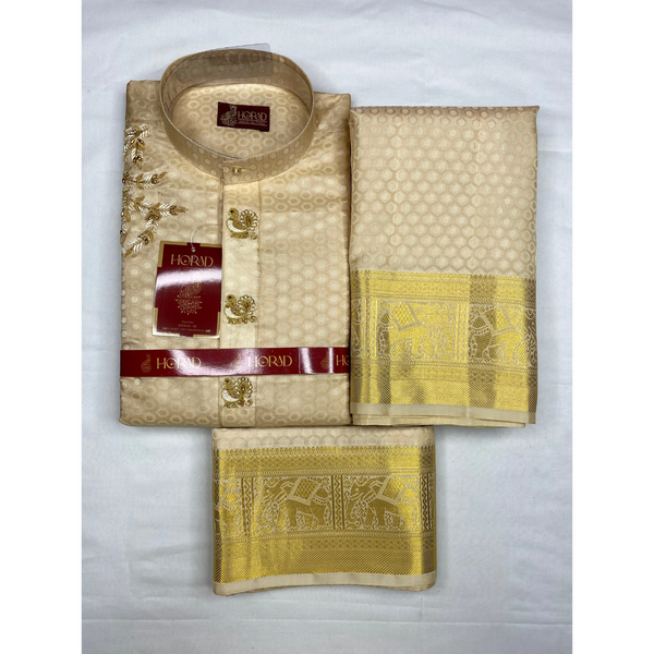 Horad Pure Silk Gold Emboss Elephant Border Wedding Set Aari Work Short Kurta + Dhoti + Angavastram
