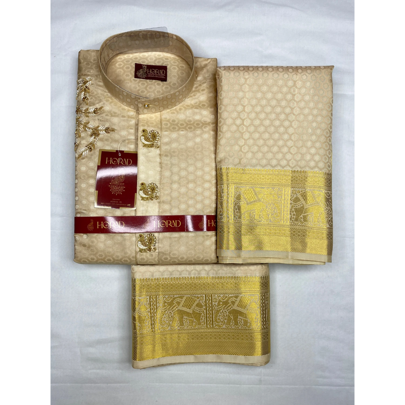 Horad Pure Silk Gold Emboss Elephant Border Wedding Set Aari Work Short Kurta + Dhoti + Angavastram