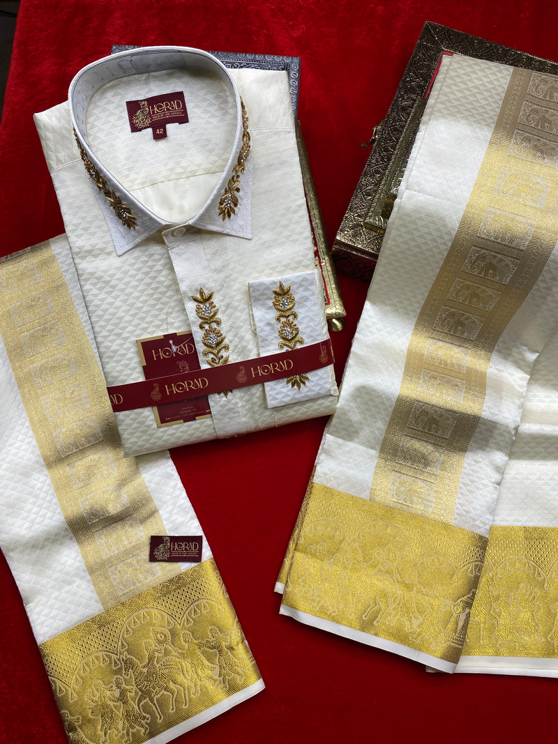 Horad Premium Art Silk Cream Emboss Pallaku and Elephant Border Wedding set Fullsleeve shirt + Dhoti + Angavastram