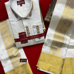 Horad Premium Art Silk Cream Emboss Pallaku and Elephant Border Wedding set Fullsleeve shirt + Dhoti + Angavastram