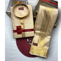 Horad Pure Silk Blend Gold Emboss 3 Inch Elephant Border Wedding Set Short Kurta + Dhoti