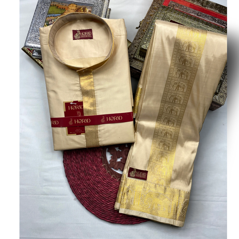 Horad Pure Silk Blend Gold Emboss 3 Inch Elephant Border Wedding Set Short Kurta + Dhoti