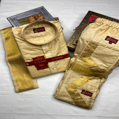 Horad Premium Art Silk Gold Emboss Long Kurta + Kache Panche + Angavastram