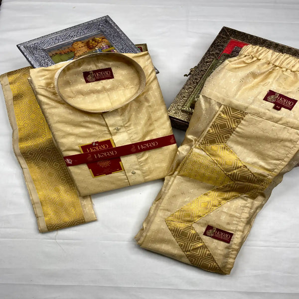 Horad Premium Art Silk Gold Emboss Long Kurta + Kache Panche + Angavastram