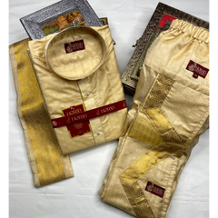 Horad Premium Art Silk Gold Emboss Long Kurta + Kache Panche + Border Angavastram